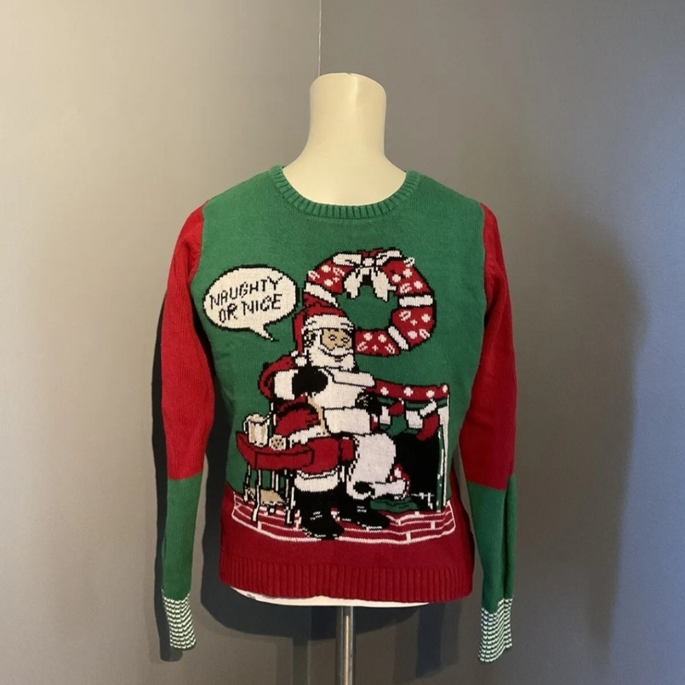 Women's size medium ugly Christmas sweater naughty or nice